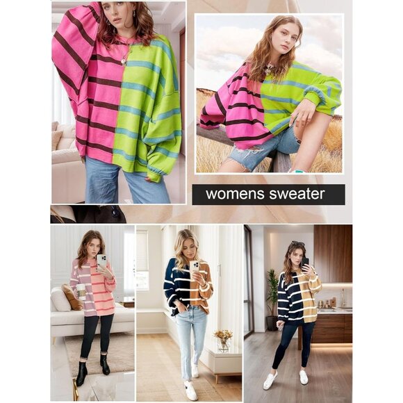 Striped Oversized Casual Loose Long Sleeve Crew Neck Cozy Sweaters for Women's - Picture 5 of 6
